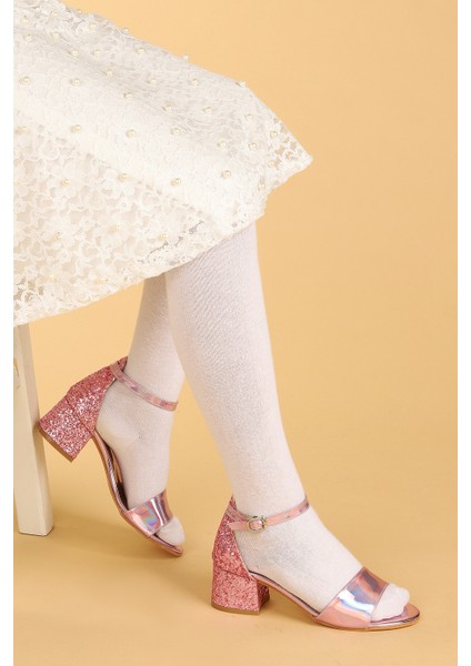 Kiko 768 Ayna Çam Günlük Kız Çocuk 3 cm Topuk Sandalet Ayakkabı Pudra