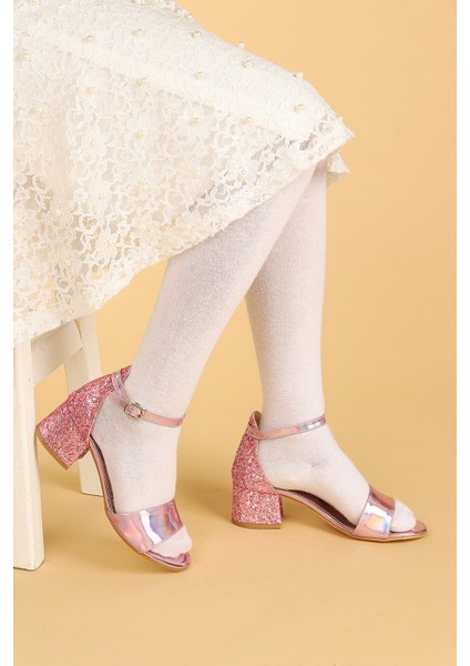 Kiko 768 Ayna Çam Günlük Kız Çocuk 3 cm Topuk Sandalet Ayakkabı Pudra