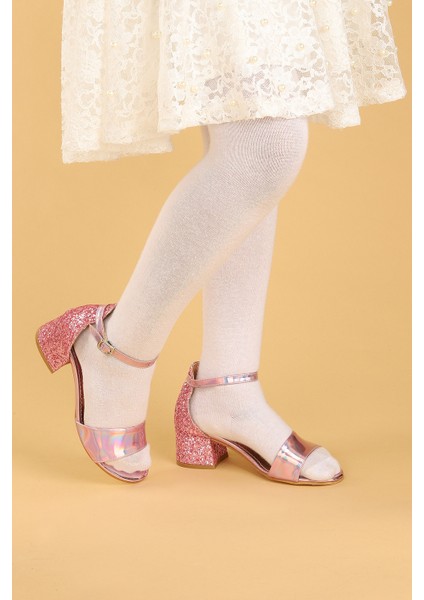 Kiko 768 Ayna Çam Günlük Kız Çocuk 3 cm Topuk Sandalet Ayakkabı Pudra