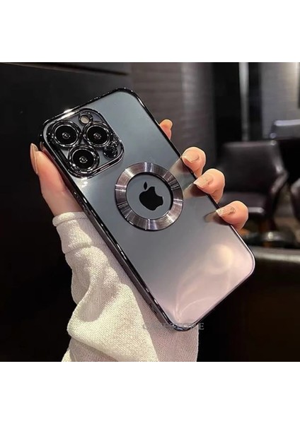 Iphone 14 Pro Uyumlu Kılıf Kamera Lens Üstü Kapalı Koruma Orta Logo Gösterir Halkalı Şeffaf