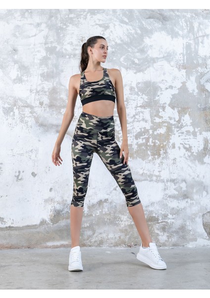 Ekstra Yüksek Bel Kamuflaj Kapri Tayt