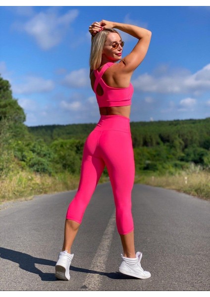 Ekstra Yüksek Bel Neon Pembe Kapri Tayt