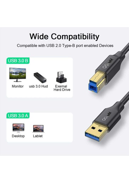 Qgeem QG-CVQ20 Usb-A 3.0 To Usb-B 3.0 Kablo 91 cm Yazıcı Kablosu 5 Gbps Veri Aktarım