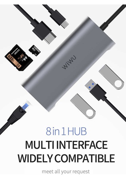 Alpha 831HRT Type-C Hub 8 In 1 HDMI 4K + RJ45 Ethernet + USB 3.0 + Sd Çoğaltıcı Adaptör