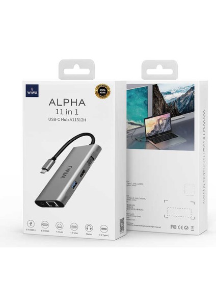 Alpha 11312H 11 In 1 Type-C Hub HDMI 4K + VGA + RJ45 Ethernet + Aux Çoğaltıcı Dönüştürücü