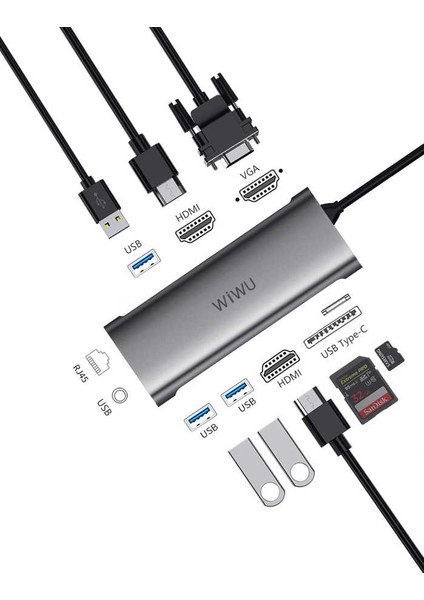 Alpha 11312H 11 In 1 Type-C Hub HDMI 4K + VGA + RJ45 Ethernet + Aux Çoğaltıcı Dönüştürücü