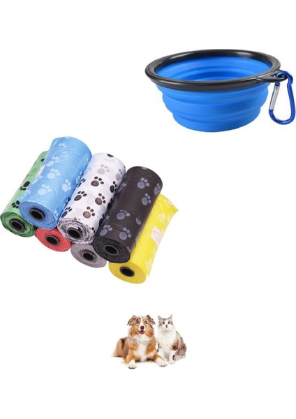 2li Set Kedi Köpek Kaka Poşeti Dışkı Poşeti 4 Rulo ve Katlanabilir Seyehat Silikon Köpek Mama Kabı