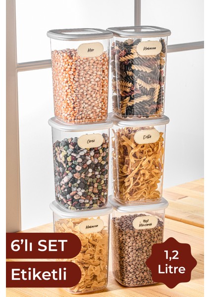 Etiketli Kare Erzak Saklama Kabı 6'lı Set Orta Boy 1,2 Litre Beyaz