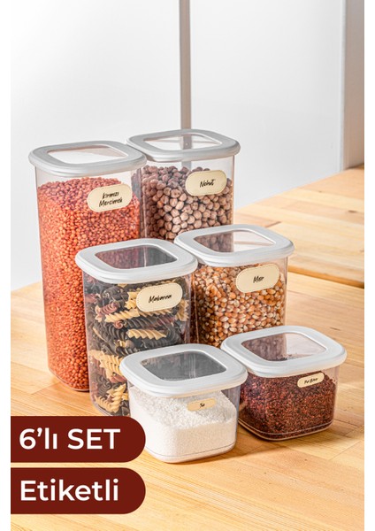 Etiketli Kare Erzak Saklama Kabı 6'lı Set 2x(0,55 Litre, 1,2 Litre, 1,75 Litre) Beyaz