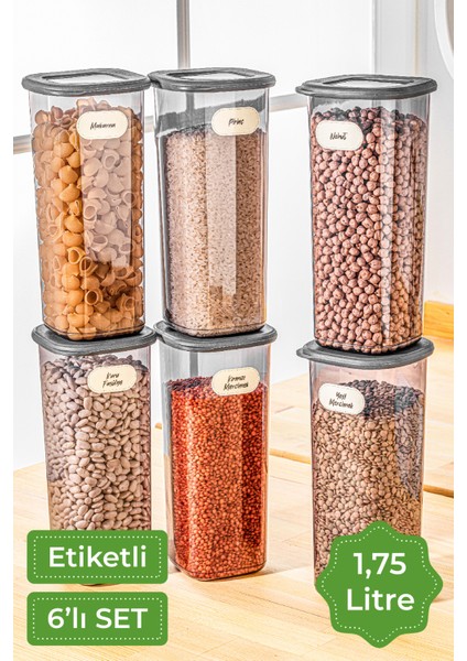 Etiketli Kare Erzak Saklama Kabı 6'lı Set Büyük Boy 1,75 Litre Antrasit