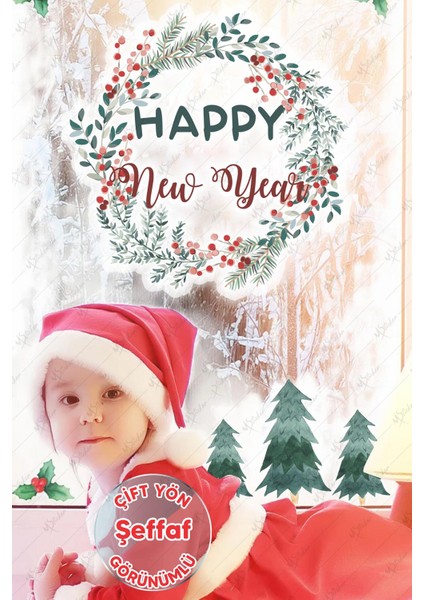 Yılbaşı Çelengi, Mutlu Yıllar Yılbaşı Sticker Happy New Year Cam Duvar Sticker Yılbaşı Süsü YB14