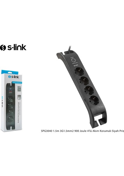 S-link SPG3040 2m 3G1.5mm2 900 Joule 4lü Akım Korumalı Siyah Priz