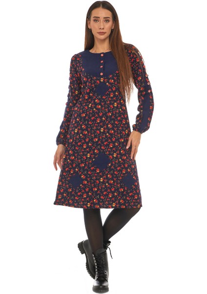 Pazen Lacivert Çiçek Desenli Düğmeli Elbise