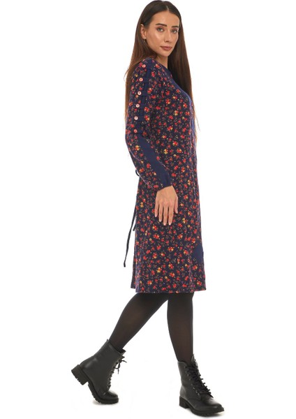 Pazen Lacivert Çiçek Desenli Düğmeli Elbise fiyatları
