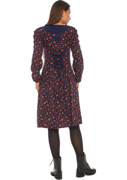 Pazen Lacivert Çiçek Desenli Düğmeli Elbise modelleri