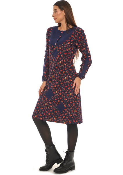 Pazen Lacivert Çiçek Desenli Düğmeli Elbise fırsatları