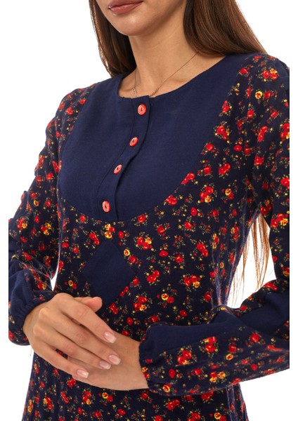 Pazen Lacivert Çiçek Desenli Düğmeli Elbise indirimleri