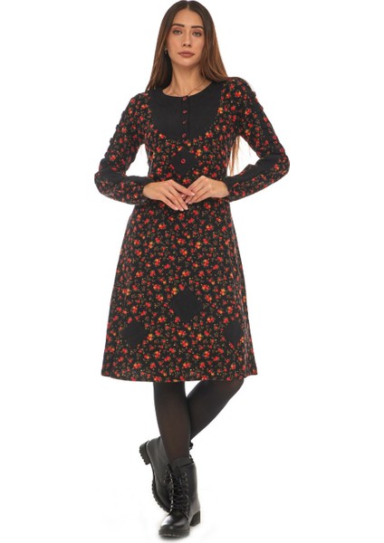 Pazen Siyah Çiçek Desenli Düğmeli Elbise
