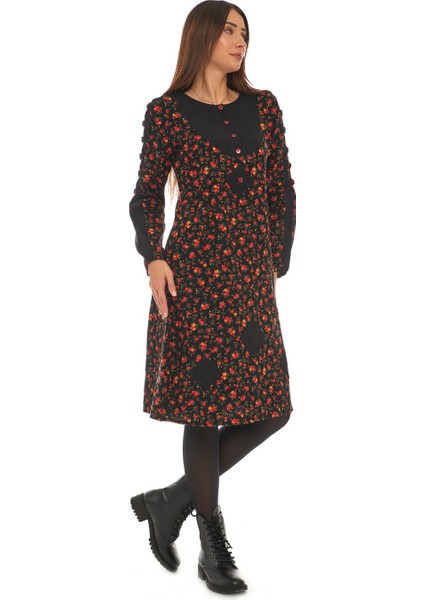 Pazen Siyah Çiçek Desenli Düğmeli Elbise fiyatları