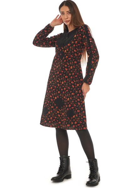 Pazen Siyah Çiçek Desenli Düğmeli Elbise modelleri
