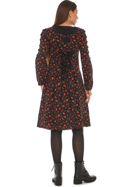 Pazen Siyah Çiçek Desenli Düğmeli Elbise fırsatları