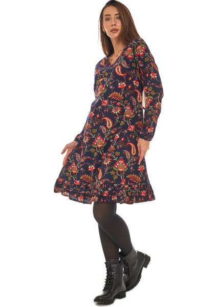 Pazen Lacivert Otantik Desen Kısa Elbise fiyatları