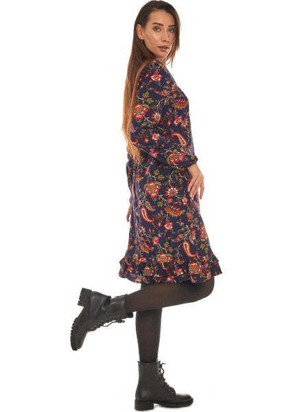 Pazen Lacivert Otantik Desen Kısa Elbise modelleri