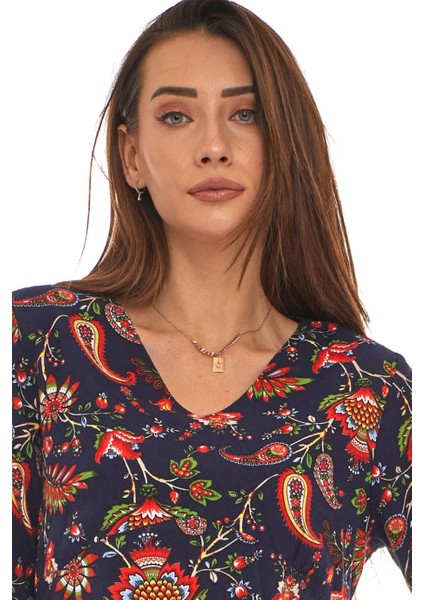 Pazen Lacivert Otantik Desen Kısa Elbise indirimleri