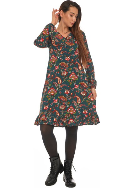 Pazen Yeşil Otantik Desen Kısa Elbise