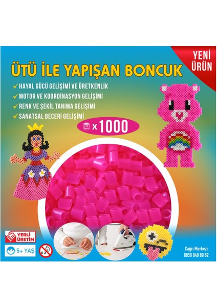 Ütü ile Yapışan 1000'li Pembe Boncuk-Tabla-Cımbız 3'lü Set