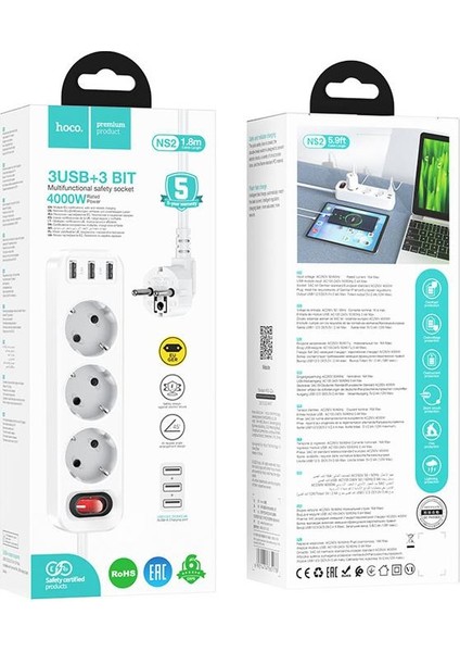 Polham 1.8 Metre 4000W Akım Korumalı 3 Priz, 3 USB Girişli Priz, 3lü Uzatma Kablosu Priz,ultra Hızlı