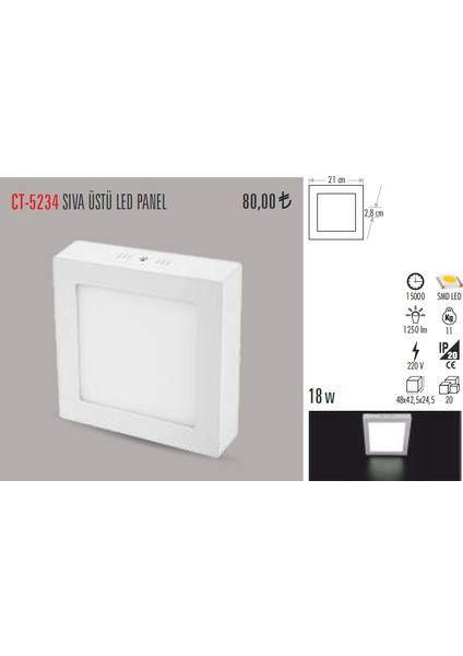 CT-5234 18W/6400K Sıvaüstü Led Armatür Kare (Beyaz-6 Adet)