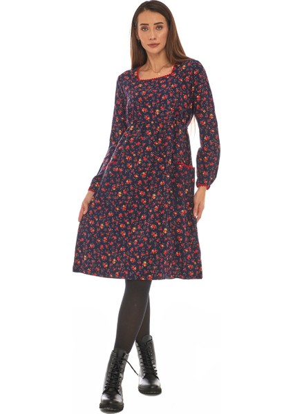 Pazen Lacivert Çiçekli Cepli Elbise
