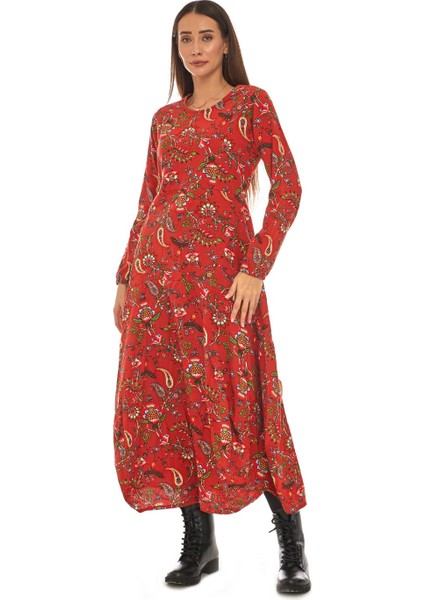 Pazen Bordo Desenli Uzun Elbise