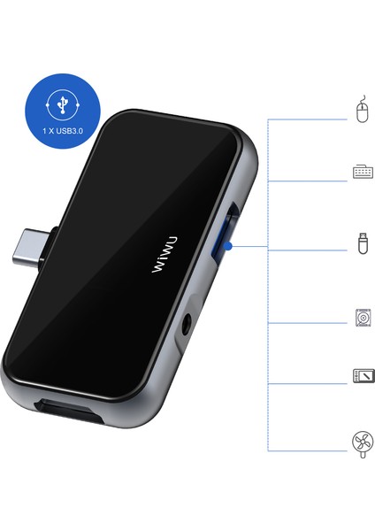 Alpha T5 Pro 4 In 1 Type-C Hub HDMI 4K + 3.5 mm Aux + USB 3.0 Çoğaltıcı Adaptör