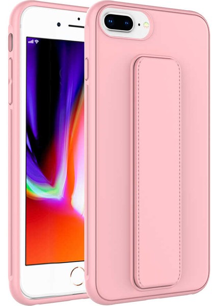 Apple iphone 8 Plus Kılıf Silikon Standlı Elden Geçme Mıknatıslı Hand Strap Suni Derili Arka Koruma