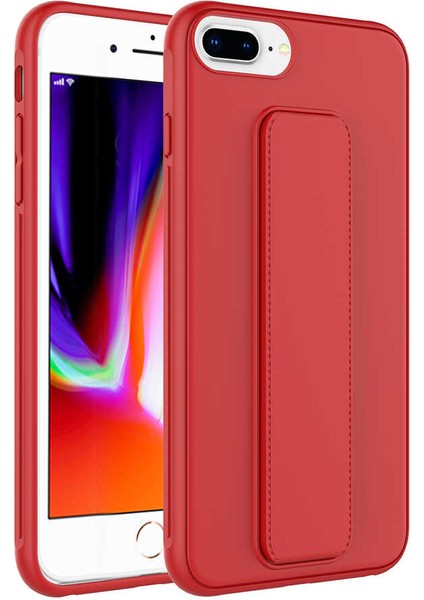 Apple iphone 8 Plus Kılıf Silikon Standlı Elden Geçme Mıknatıslı Hand Strap Suni Derili Arka Koruma
