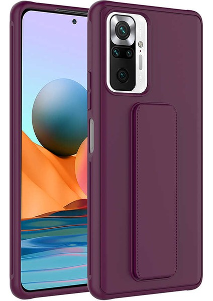 Xiaomi Redmi Note 10 Pro Kılıf Silikon Standlı Elden Geçme Mıknatıslı Hand Strap Suni Derili Arka Koruma