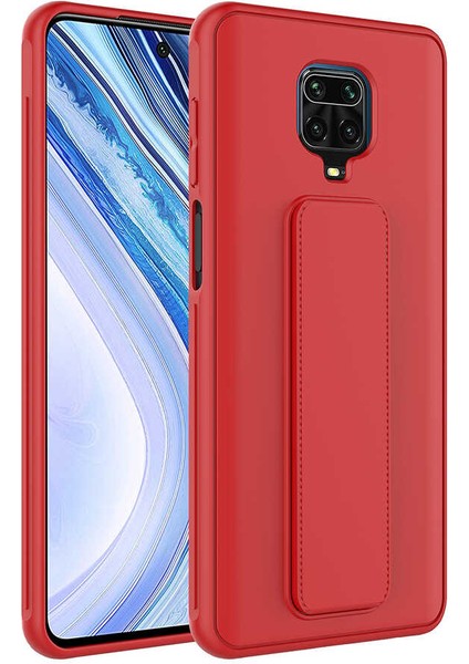 Xiaomi Redmi Note 9 Kılıf Silikon Standlı Elden Geçme Mıknatıslı Hand Strap Suni Derili Arka Koruma