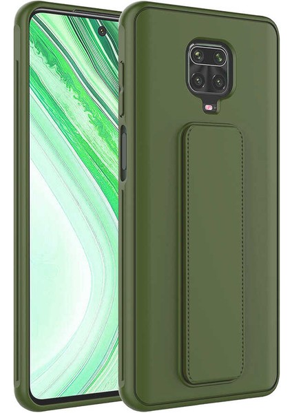 Xiaomi Redmi Note 9 Kılıf Silikon Standlı Elden Geçme Mıknatıslı Hand Strap Suni Derili Arka Koruma