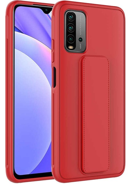 Xiaomi Redmi 9t Kılıf Silikon Standlı Elden Geçme Mıknatıslı Hand Strap Suni Derili Arka Koruma