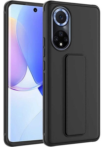 Huawei Honor 50 Nth-Nx9 Kılıf Silikon Standlı Elden Geçme Mıknatıslı Hand Strap Suni Derili Arka Koruma