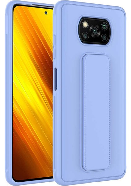 Xiaomi Poco X3 Pro Kılıf Silikon Standlı Elden Geçme Mıknatıslı Hand Strap Suni Derili Arka Koruma