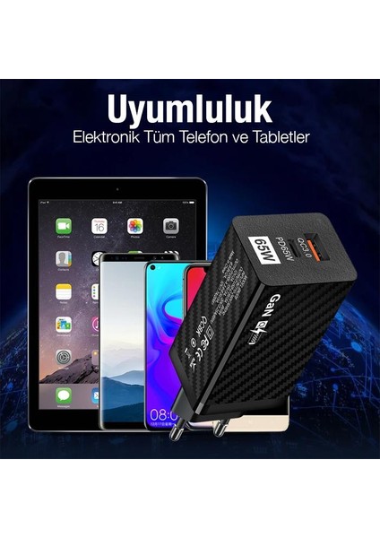 Polham Gan 65W Ultra Hızlı Telefon ve Tablet Şarj Adaptörü, 1 Pd Type 65W, 1 USB 3.0 Girişli Başlık