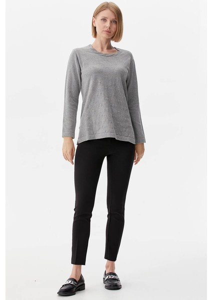 Taşlı Sıfır Yaka Triko Kazak - Gri