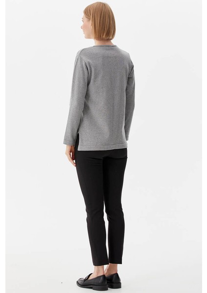 Taşlı Sıfır Yaka Triko Kazak - Gri indirimleri