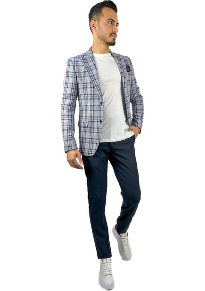 Lacivert Ekose Blazer Tek Ceket Sivri Yaka Regular Fit | Agustini