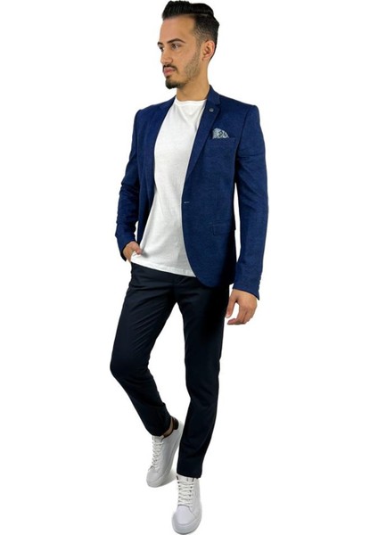 Lacivert Blazer Mono Yaka Slim Fit Yarım Astar Tek Ceket | Agustini