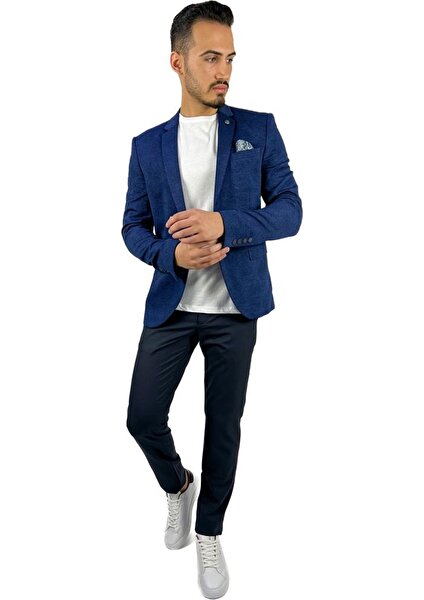 Lacivert Blazer Mono Yaka Slim Fit Yarım Astar Tek Ceket | Agustini