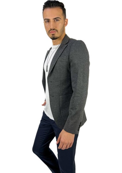 Gri Blazer Mono Yaka Slim Fit Torba Cep Tek Ceket | Agustini